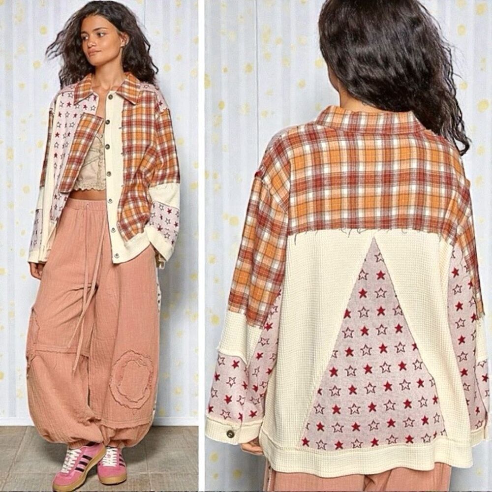 POL Patchwork Shacket Boho Plaid & Star Contrast Long Sleeve Jacket Large NEW - Picture 2 of 10